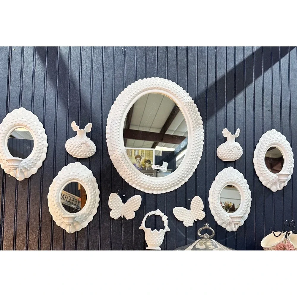 Hobnail Wall Decor Set Mirror Sconce Butterfly Basket White 9 Piece Set